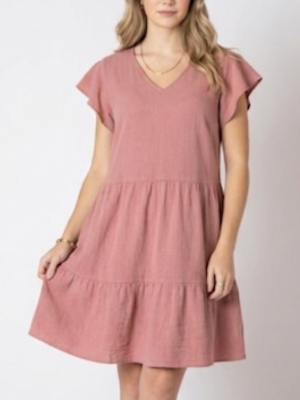 DEVOTED Rose Pink Linen Blend Flutter Sleeve Tiered V-Neck Midi Dress Size 3X